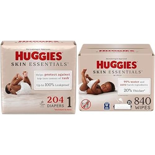 Huggies Skin Essentials Bundle: Huggies Skin Essentials Baby Diapers, Size 1 (8-14 lbs), 204 Count & Baby Wipes, 15 Flip-Top Packs, 840 Count (15 Packs of 56)