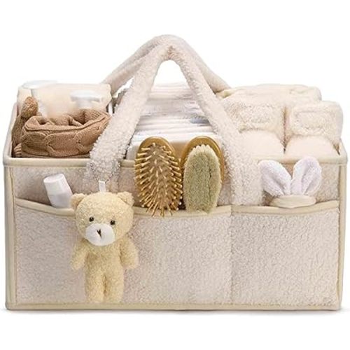 Baby Diaper Caddy Organizer for Changing Table, Baby Storage Basket for Diapers and Baby Wipes, Baby Shower, Car Caddy Organizer, Nursery Diaper Organizer, Portable Diaper Storage (Ivory)
