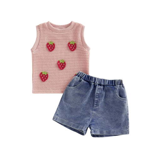 Loicainy Toddler Baby Girl Summer Shorts Outfits Set 6 12 18 24 Months 2T 3T 4T 3D Knit Strawberry Tank Tops and Denim Shorts 2 Piece Clothes Sets
