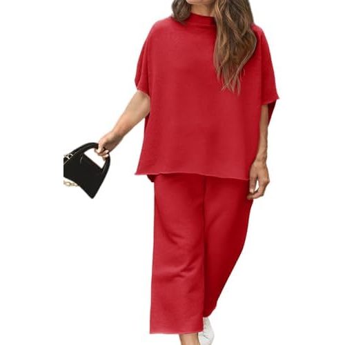 Women's Plus Size 2 Piece Outfits 3/4 Batwing Sleeve Capelet Crew Neck Pullover Top Wide Leg Pants Lounge Set