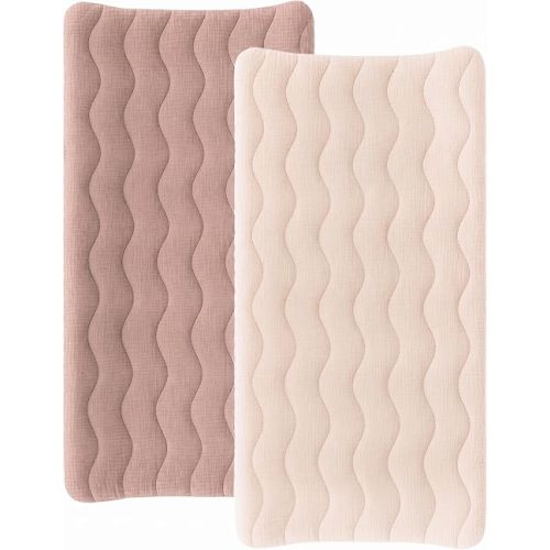 Konssy 2 Pack Quilted Muslin Changing Pad Cover, Waterproof Layer 32" x 16"