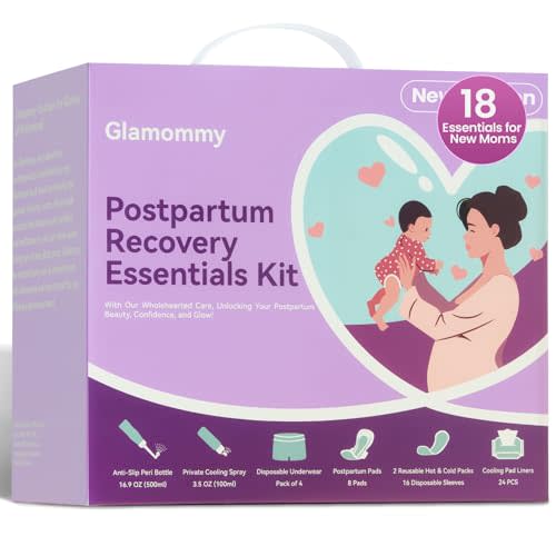 Glamommy Postpartum Recovery Essentials Kit for Women, Labor & Delivery Postpartum Care, Peri Bottle, Cooling Spray, Disposable Postpartum Underwears, Postpartum Pads, Hot&Cold Packs, Soothing Liners