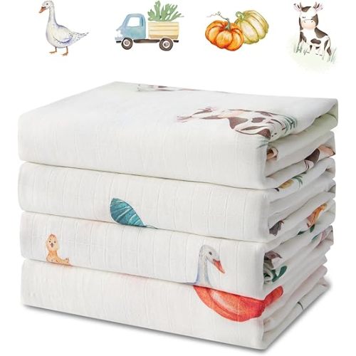 4-Pack Baby Muslin Swaddle Blankets, 47 x 47 Inches Soft Breathable Bamboo Cotton Blend, Lightweight Receiving Blanket for Newborns and Infants, Farm Life