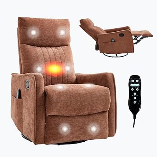 Rocking Recliner Chair, 360° Swivel Rocker Recliner Chair with Heat and Massage Upholstered Fabric Nursery Glider with Side Pocket for Living Room, Bedroom, Home Theater RV Small Space