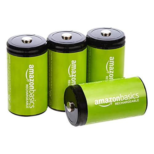 Amazon Basics Rechargeable D Cell Batteries, 4-Pack, NiMH, 10000 mAh, Recharge up to 1000x Times, Pre-Charged