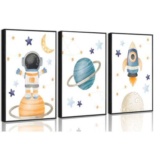 3Pcs Space Nursery Wall Art Fun Planet Canvas Poster Print Rocket and Astronaut Pictures Explore Dream Galaxy Painting Artwork Children's Room Wall Decor for Boys' Room Classroom 12x16in Unframed
