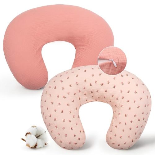 FUNUPUP Muslin Nursing Pillow Cover Replacement, Pink&Flowers | Slipcover Fit for Standard Breastfeeding Pillow 27x19x6 Inches, Hidden Zipper, Soft Breathable, Machine Washable, Pre-Shrunk