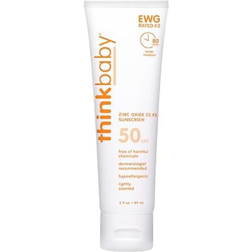 Thinkbaby SPF 50+ Baby Sunscreen – Safe, Natural Sunblock for Babies - Water Resistant Sun Cream – Broad Spectrum UVA/UVB Sun Protection – Vegan Mineral Sun Lotion, 3 Oz.