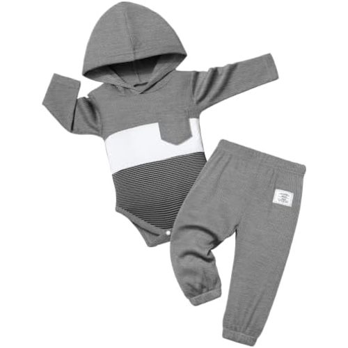 Fommy Baby Boy Clothes Outfits Color Block Hooded 2pcs Sets 0-12 Months
