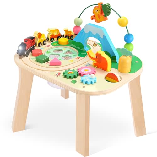 wingyz Activity Table for 1 Year Old Toddler, 9-in-1 Multi-Colorful Wooden Montessori Toys, Baby Play Table with Bead Maze Shape Sorter Train Toy, Educational Gifts for Kids Boys Girls