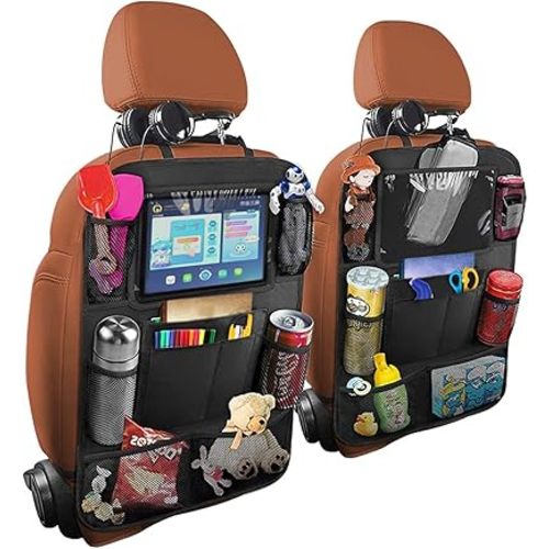 Car Seat Back Organizer, 2 Pack Backseat Storage Bag with Touch Screen Tablet Holder & 9 Pockets, Durable Waterproof Oxford Fabric, Travel Accessories, Road Trip Essentials for Kids