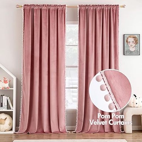 MIULEE Blush Pink Pom Pom Velvet Curtains for Kids Bedroom/Living Room Darkening Thermal Insulating 84 Inches Long Boho Blackout Curtains with Rod Pocket for Girls Room/Nursery/Home Theater Set of 2