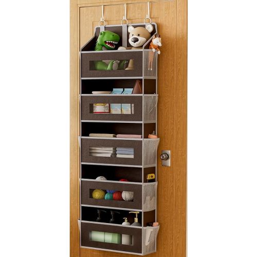5 Tier Over The Door Organizer - Large Capacity Behind Door Hanging Shelves with 10 Mesh Pockets and Clear Windows, Closet Organizers and Storage for Bathroom, Bedroom, Nursery, Brown
