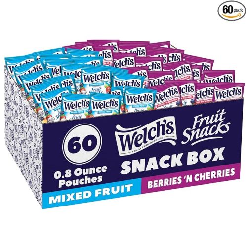Welch's Fruit Snacks, Mixed Fruit & Berries 'N Cherries Snack Box, Gluten Free, 0.8oz Snack Packs (Pack of 60) | Variety Bulk Box, Made with Whole Fruit, Gluten-Free Snack Packs for Kids and Adults, No Artificial Dyes