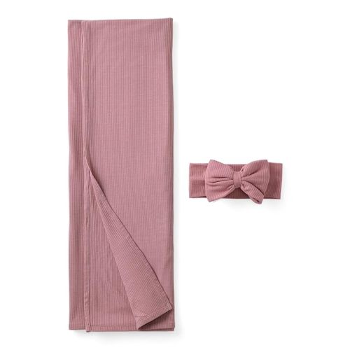 Little Sleepies Swaddle & Bow Set, Viscose from Bamboo Baby Swaddle Blanket, Newborn Baby Girl Clothes, Newborn Essentials (Rosewood Ribbed)
