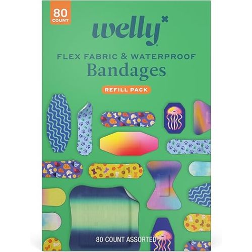 Welly Bandage Family Pack | Adhesive Flexible Fabric & Waterproof Bandages | Assorted Shapes and Patterns for Minor Cuts, Scrapes, and Wounds - 80 Count