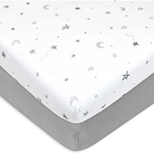 American Baby Company 2 Pack 100% Natural Cotton Fitted Pack and Play Sheets 39" x 27" - Soft & Breathable Pack N Play Sheets for Playard & Mini Crib Mattress, Gray Star and Gray, for Boys & Girls
