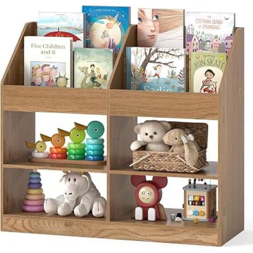 HONEY JOY Kids Bookshelf, 4-Tier Wooden Montessori Cube Bookcase, Toddler Book Rack & Magazine Display Shelf, Toy Storage Organizer, Book Shelf for Kids Rooms, Playroom, Nursery, Classroom (Natural)