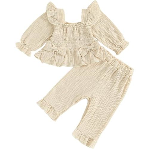 VISGOGO Baby Girl Outfit Crocheted Floral Top Linen 12 18 24M 2T 3T 4T Todder Clothes Tops + Denim Pants Set