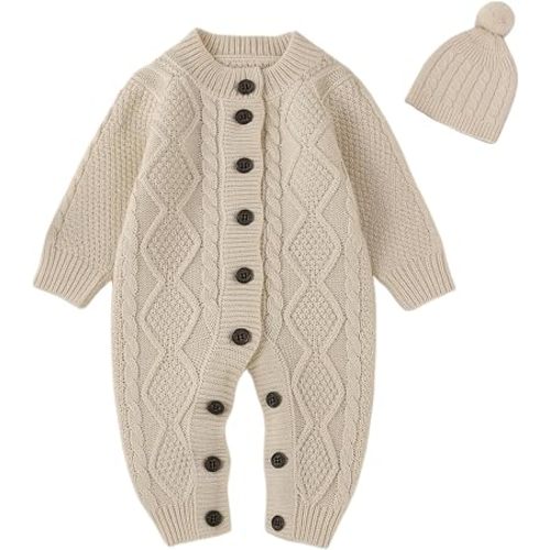 Baby Knit Sweater Romper Newborn Infant Long Sleeve Ribbed Outfit Clothes for Boys Girls with Beanie Hat Set