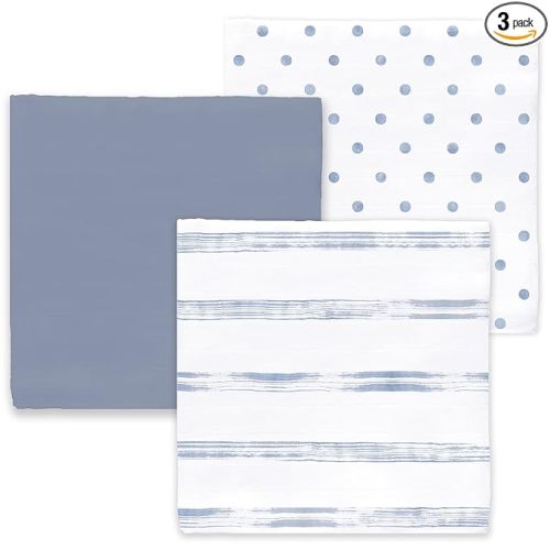 Amazing Baby Cotton Muslin Swaddle Blankets, Set of 3, Watercolor Brushstrokes, Denim, XLarge 46x46 inches