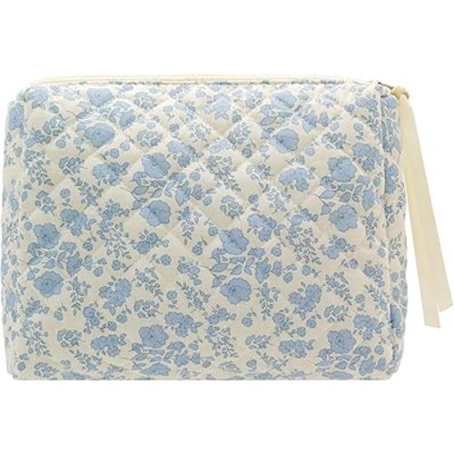 PAZIMIIK Cotton Makeup Bag for Women Large Quilted Travel Cosmetic Pouch Girls' Make Up Organizer,Little Flower Blue