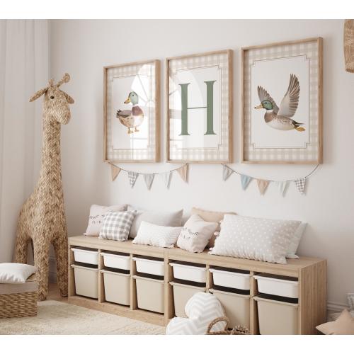 Hunting Nursery Decor, Mallard Duck Wall Art, Gingham Initial Print, Baby Boy Woodland Nursery, Hunting Prints for Boys Room, Duck Nursery