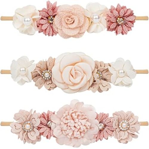 Baby Girls Flower-Headband Elastic-Nylon Hairbands Floral Crown for Newborn Infant Toddler Pack of 3