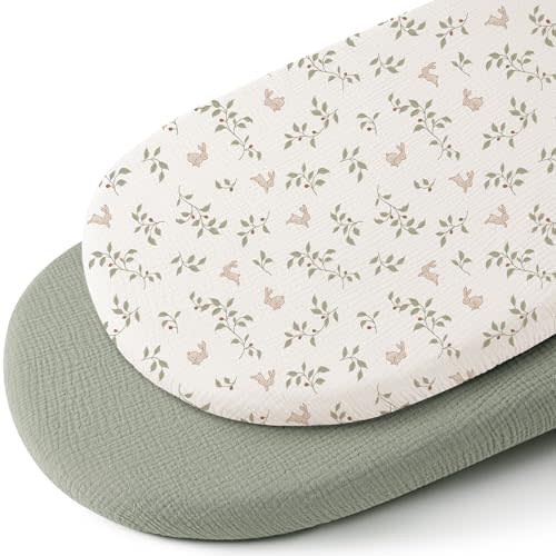 Konssy 2 Pack Muslin Bassinet Sheets for Baby Boy, 100% Cotton Soft Breathable Bassinet Mattress Sheets Fit for Hourglass Oval Cradle Rectangle Mattress (Sprout,Fog Green)