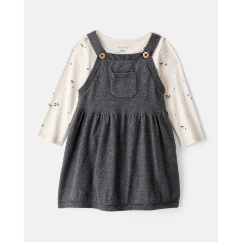 Baby Girl Bow Print Cotton Long-Sleeve Dress Set - Grey | Carter's