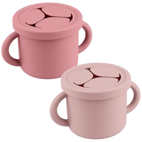 Snack Containers for Toddlers, Kids - 2 Pack Food Grade Silicone Snack Cups with Grip Handle (Blush/Mauve)