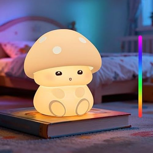 Mushroom Night Light for Kids, Nursery Lamp with Tap Control 7 Color Changing & 3 Brightness, Rechargeable 10H Runtime, BPA-Free, 30/60 Mins Timer, Soft Bedside Decor
