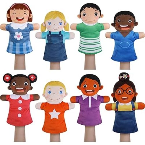 Poen 8 Pcs Hand Puppets Set for Kids Multicultural Hand Puppets Bulk Soft Plush for Toddlers Learning Interaction Suitable for Home Daycare School Classroom Role Play Fantoccini Theater Shows(Smile)