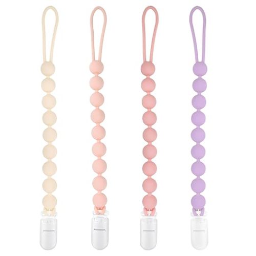 Silicone Pacifier Clip Holder, 4 Pack One Piece Soft Flexible Binky Clips Pacifier Holder Clip for Girls, Baby Girl Newborn Essentials