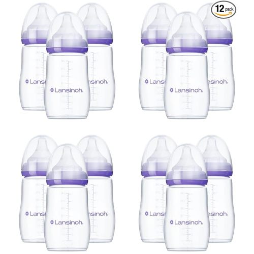 Lansinoh Anti-Colic Baby Bottles, BPA-Free Plastic, 8 Ounces, Medium Flow Nipples (Size M), Breastfeeding Bottle with NaturalWave Design, Baby Essentials (Pack of 12)
