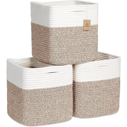 NaturalCozy Storage Cubes 11 Inch Cotton Rope Woven Baskets for Organizing 3-Pack | Cube Storage Bin, Square Storage Baskets for Shelves Organizer, Classroom Kids Toy Bins, Closet, Baby Nursery