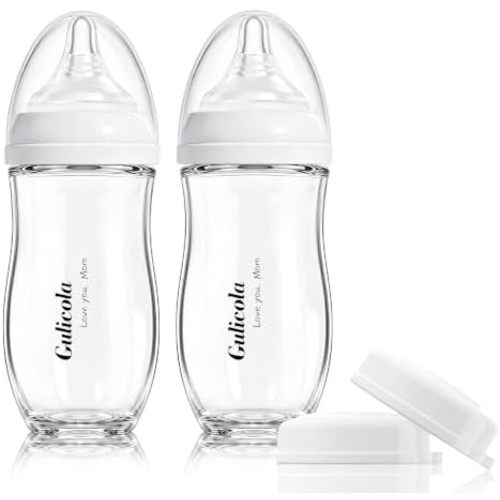 Gulicola Natural Glass Baby Bottle for Breastfed Babies, Anti-Colic Baby Bottle Set with Medium Flow Nipple, 3 Months +, 8 oz, 2 Pack - White