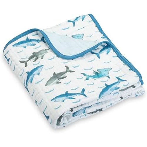 LollyBanks Baby Quilt Blanket, 100% Organic Cotton Muslin Blankets for Boys, Large 47 x 47 Inches, 6 Layers Soft and Breathable Baby Quilt, Durable Crib Blanket, Newborn Essentials (Shark Print)