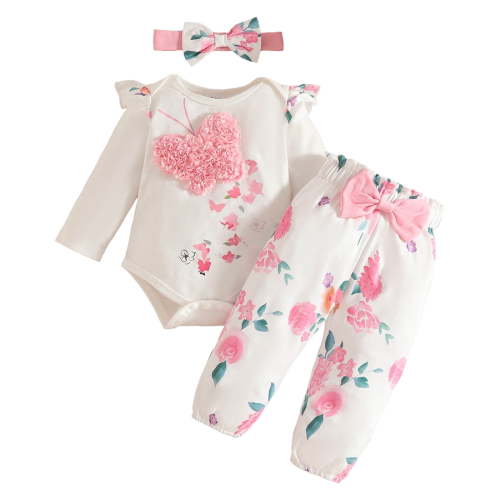 Dagaeig Baby Girl Clothes 0-3 Months Toddler Girl Outfit Ruffle Sleeve Shirt Floral Pant Set Fall Winter Clothing for Girl(White,0-3 Months)