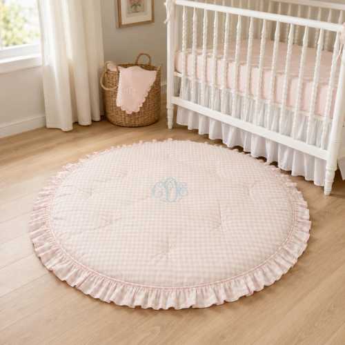 Pink, Blue, Sage Gingham Baby Play Mat with Ruffle: Padded Tummy Time Activity Mat
