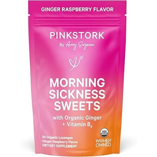 Pink Stork Morning Sickness Sweets, Organic Raspberry Ginger Candy with Vitamin B6, Support for Motion Sickness, Prenatal Heartburn - Pregnancy Must Haves - 30 Wrapped Drops