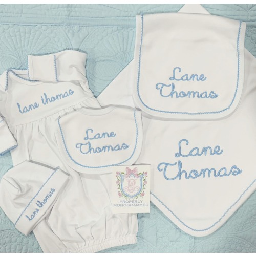 Personalized Baby Boy Gift Bundle: Gown, Hat, Bib, Burp Cloth, Boys Monogram Coming Home Outfit