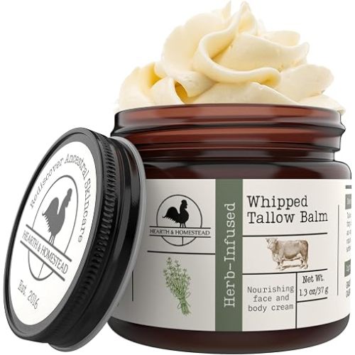 Hearth & Homestead Whipped Beef Tallow for Skin & Face - 100% Grass Fed, Eczema Cream & Body Butter - Organic Olive Oil, Calendula & Rose - Lotion & Hand Moisturizer for Dry Skin, Unscented, 1.3oz