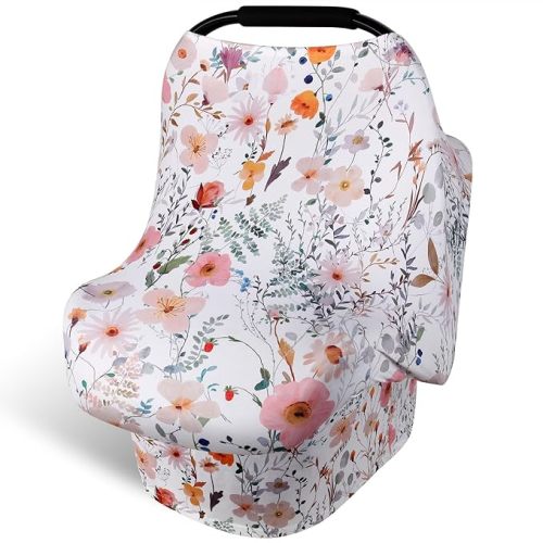 Rquite All-in-1 Car Seat Cover Baby, Carseat Covers for Girl Boy, Stretchy Soft Infant Car Seat Cover, Multi-use Baby Carrier Cover, Car Seat Canopy, Stroller Sun Shade, Nursing Breastfeeding Cover