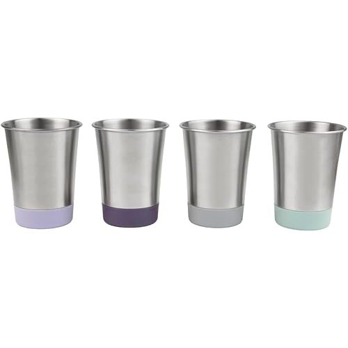 Elk and Friends Stainless Steel Kids + Toddler Drinking Cups | 12oz Tumblers with Colored Base | Durable + Stackable | Travel, Camping + Outdoors | Dishwasher Safe | 4 Pack