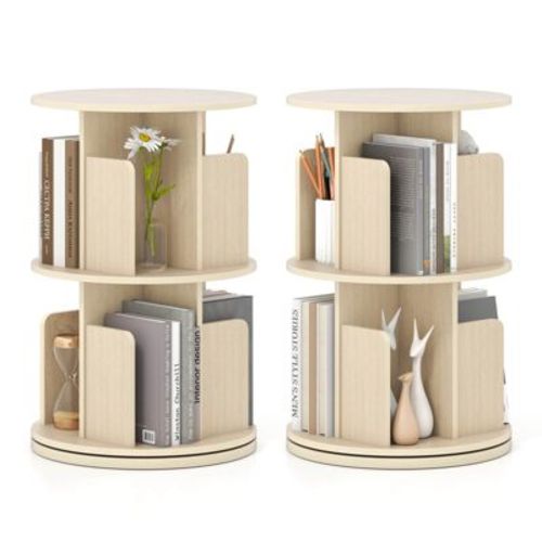 Costway 2 PCS 2-Tier Rotating Bookshelf 360° Display Rack Dividers & Anti-falling Baffles Natural