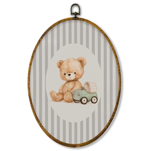 shiviody Vintage Bear Nursery Canvas Wall Art Decor, Bear Nursery Decor, Grey Striped Wild Animal Oval Hanging Frame Prints Decorations for Kids Toddler Room Bedroom Playroom 8.6"x11.4"