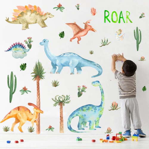 MNBFYX Watercolor Dinosaur Wall Stickers Dinosaurs Nursery Decor Tropical Plant Home Decorations Kids Bedroom Playroom Wall Art Stickers Decor Toddler Baby Shower Room Art Gift