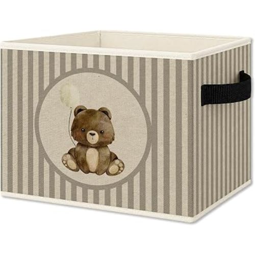 Bear Nursery Foldable Storage Bins Box with Handles, Neutral Striped Cute Bear Balloon Collapsible Organizer Basket for Kids Boy Girl Nursery Bedroom Bathroom Playroom Clothes Books