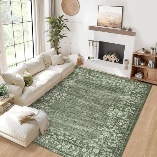 Washable Rugs for Living Room Modern Floral Area Rug Indoor Farmhouse Bordered Rug, 5'x7'